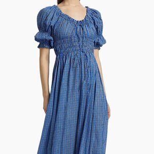 DÔEN  Ischia Check Smocked Midi-Dress Blue